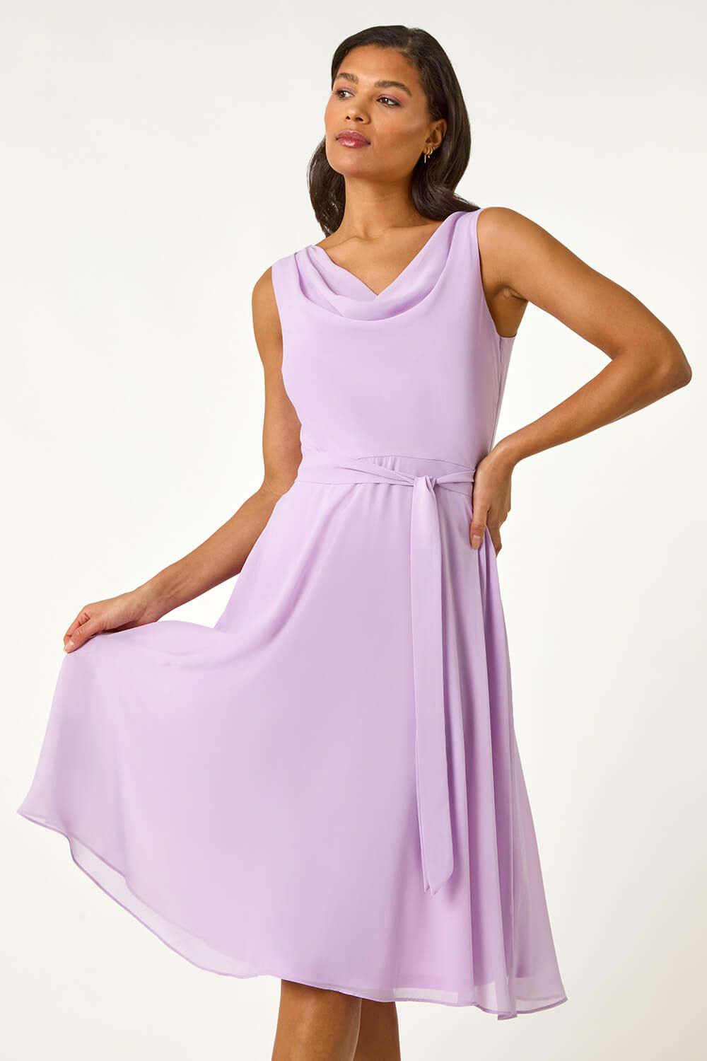 Roman Women's Cowl Neck Tie Waist Dress in Lilac