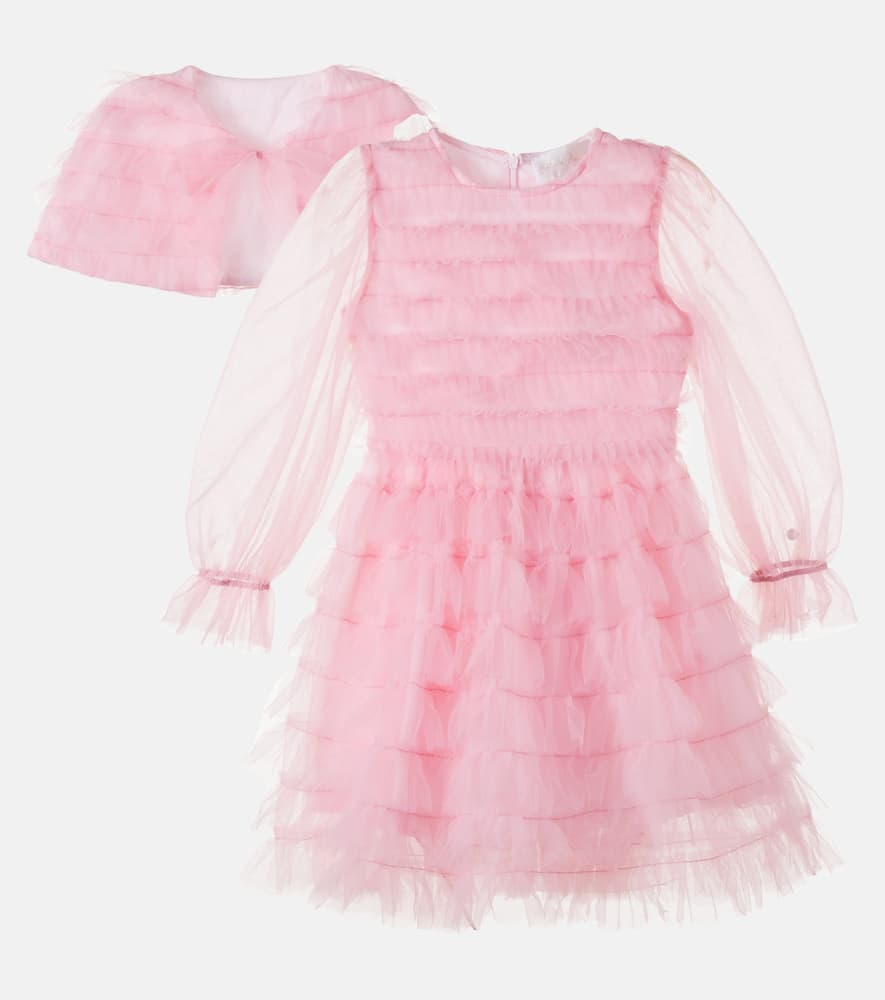 Cape-detail ruffled tulle dress