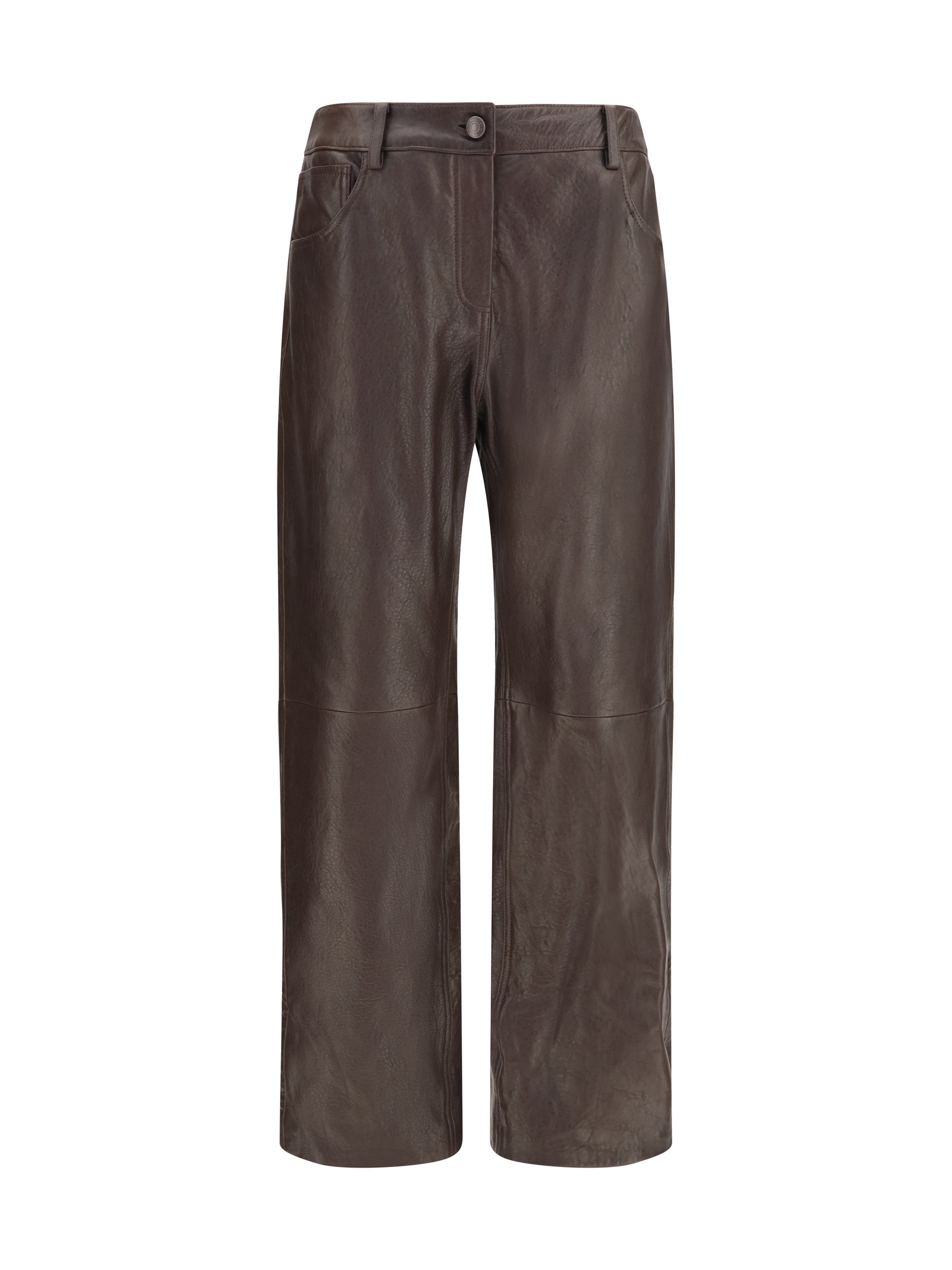 Sheepskin Leather Straight-Leg Trousers — Brown