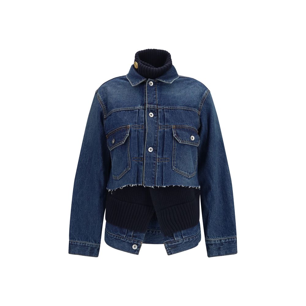 Layered Denim and Wool Knit Jacket — Blue