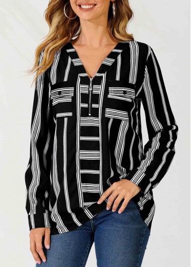 Modlily Striped Color Block V Neck Zipper Detail Blouse