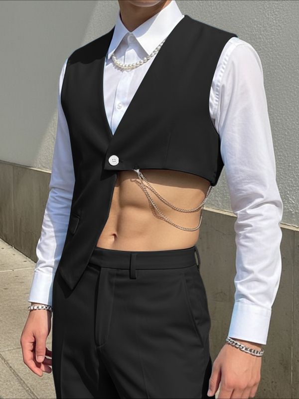 Men's Solid Color Deconstructed Cropped Waistcoat SKUL53021 - Black / S