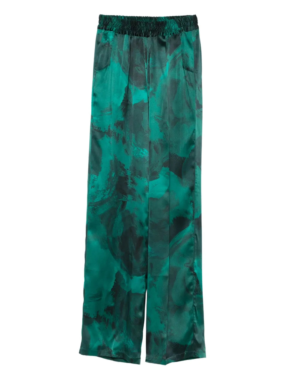 Abstract-Print Silk Trousers — Teal