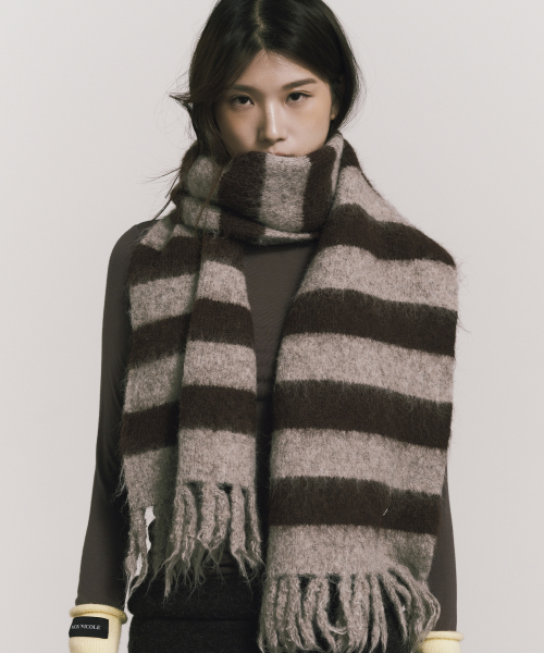STRIPE HAIRY FRINGE MUFFLER_BROWN