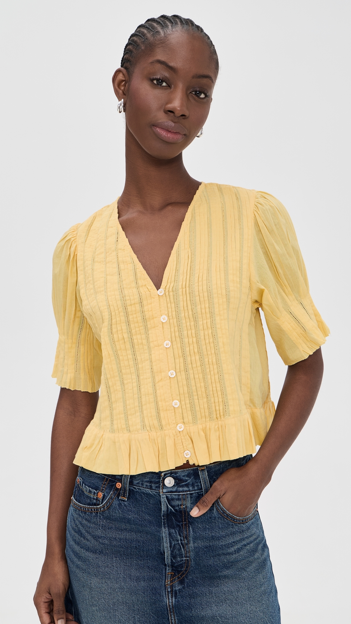 Alberte Solid Bubble Sleeve Blouse Yellow