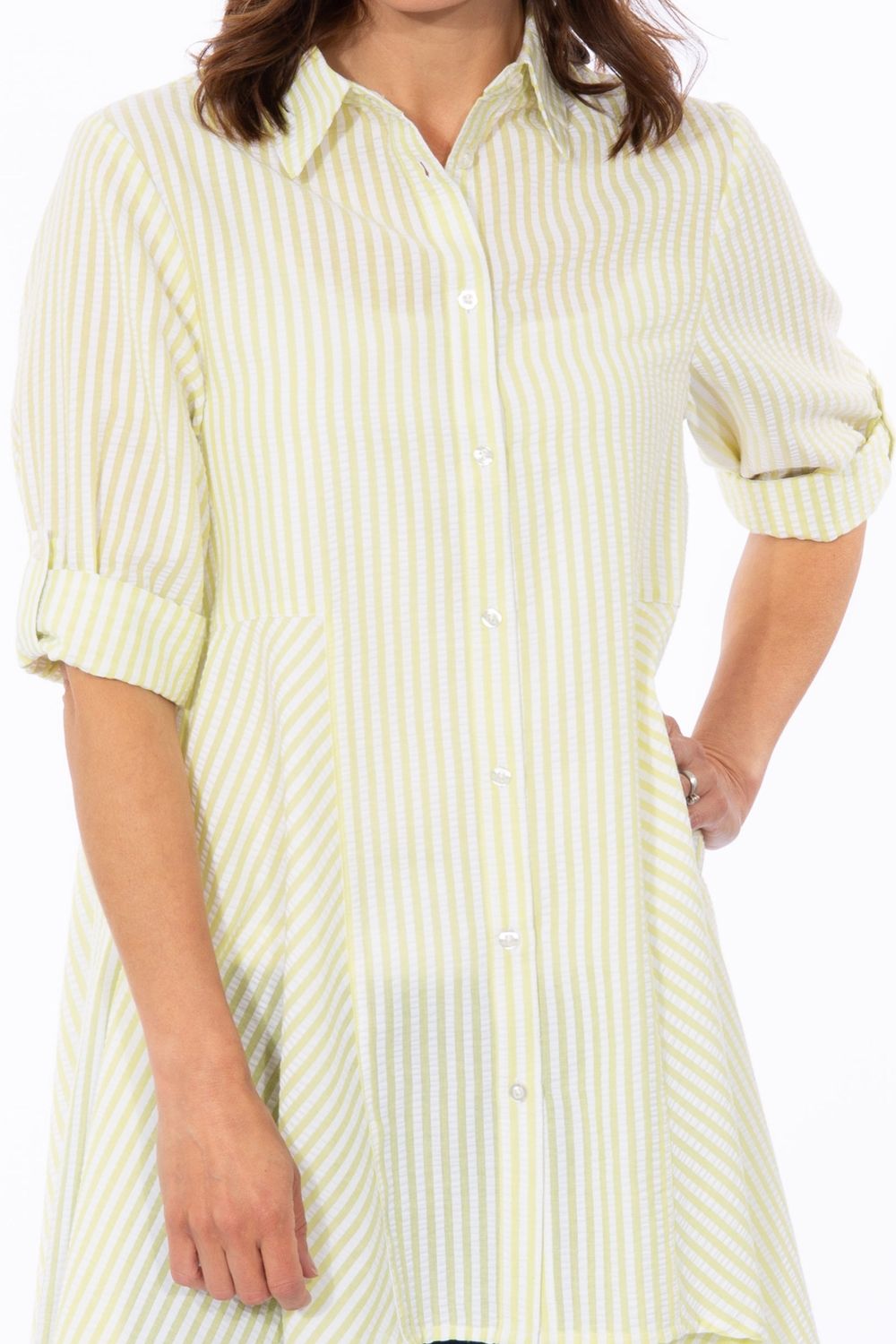 Klass. Women's Oversized Striped Seersucker Dipped Hem Shirt in Lime | : Small/Mediu
