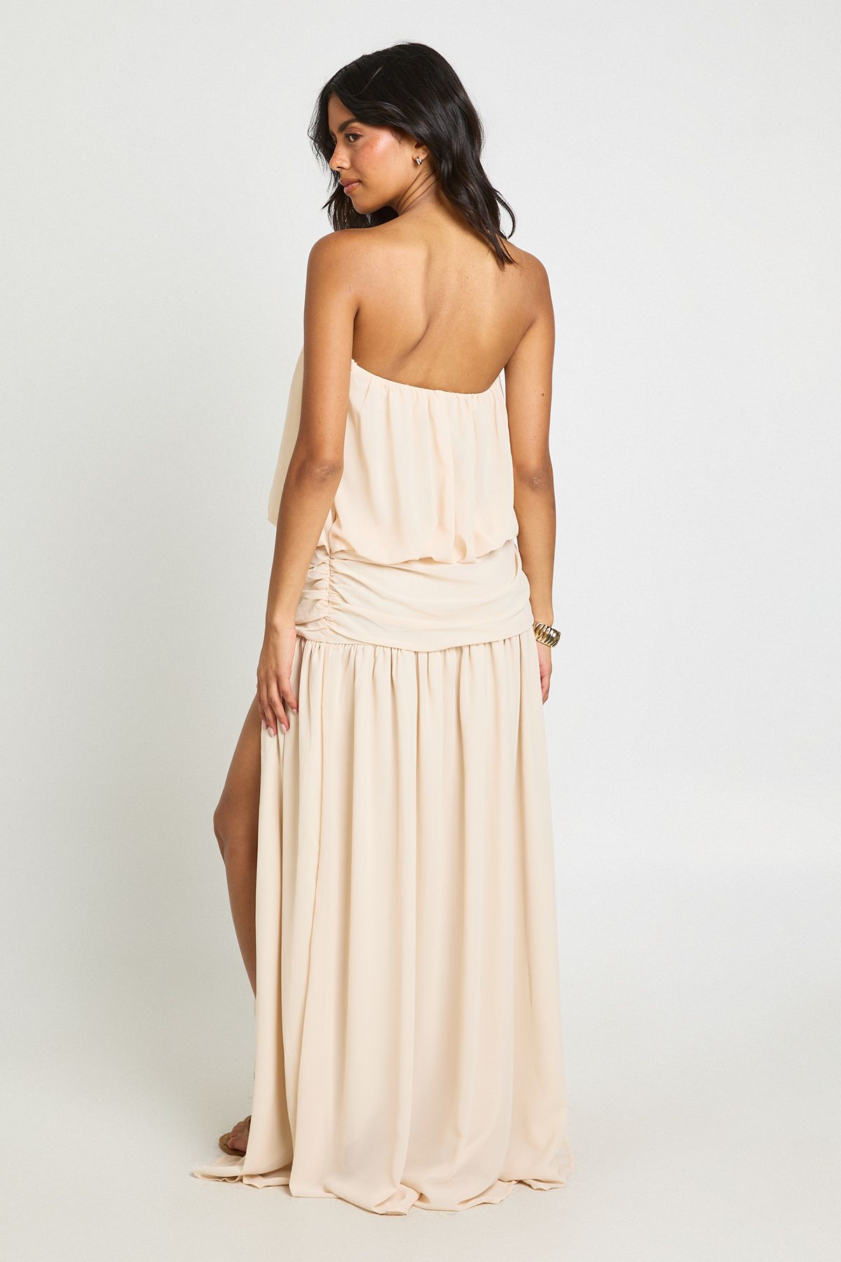 Boohoo Womens Chiffon Bandeau Blouson Ruched Drop Waist Maxi Dress - Sand