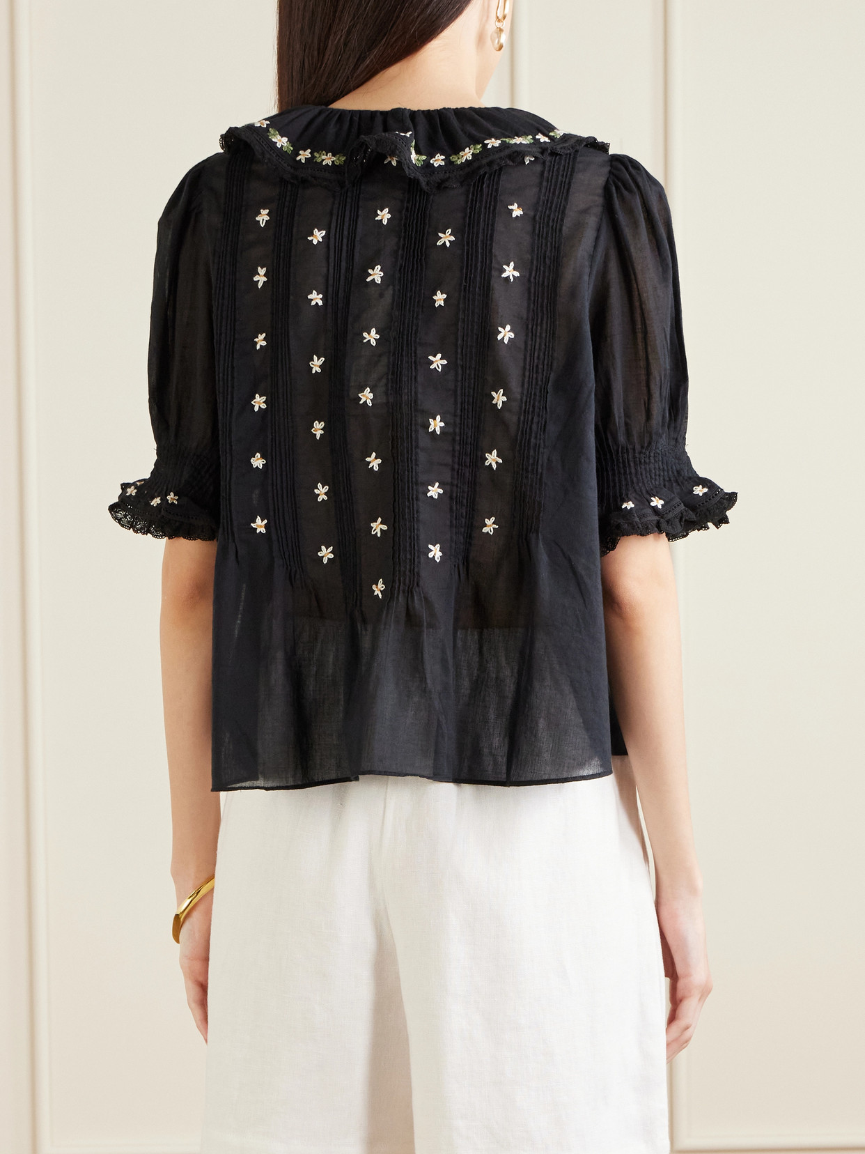 Hettie Lace-trimmed Embroidered Organic Cotton-voile Blouse - Black