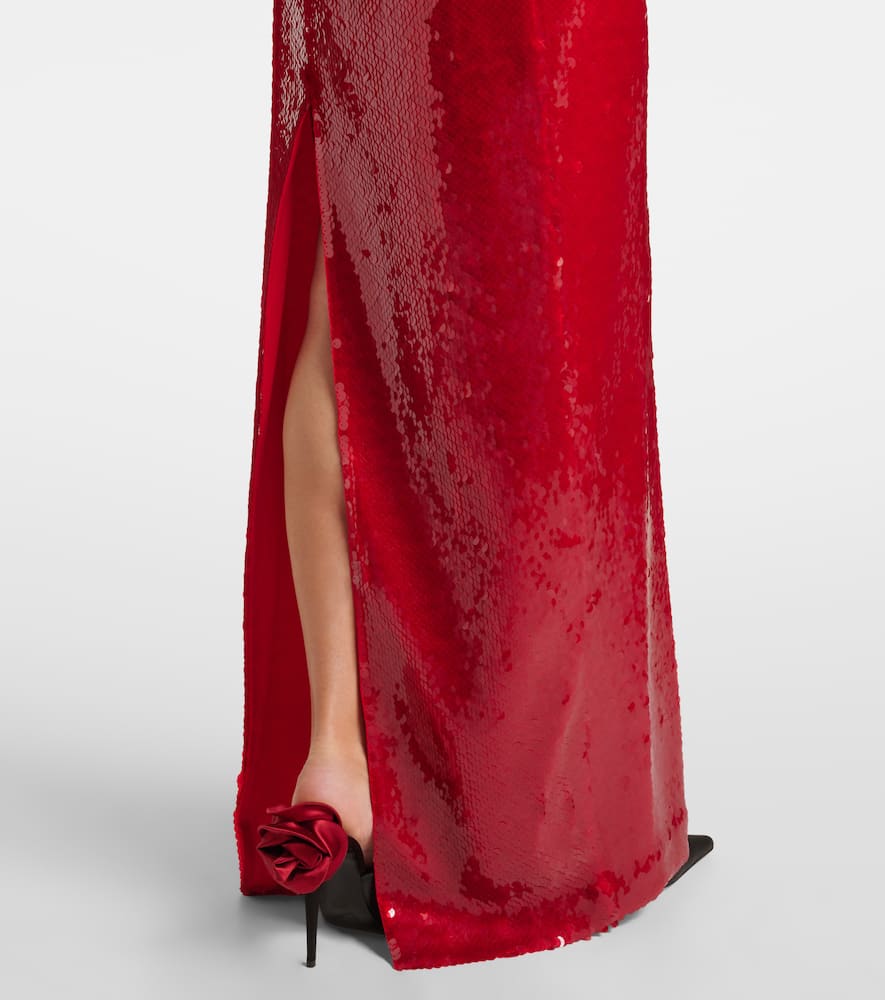 Floral-appliqué sequined gown