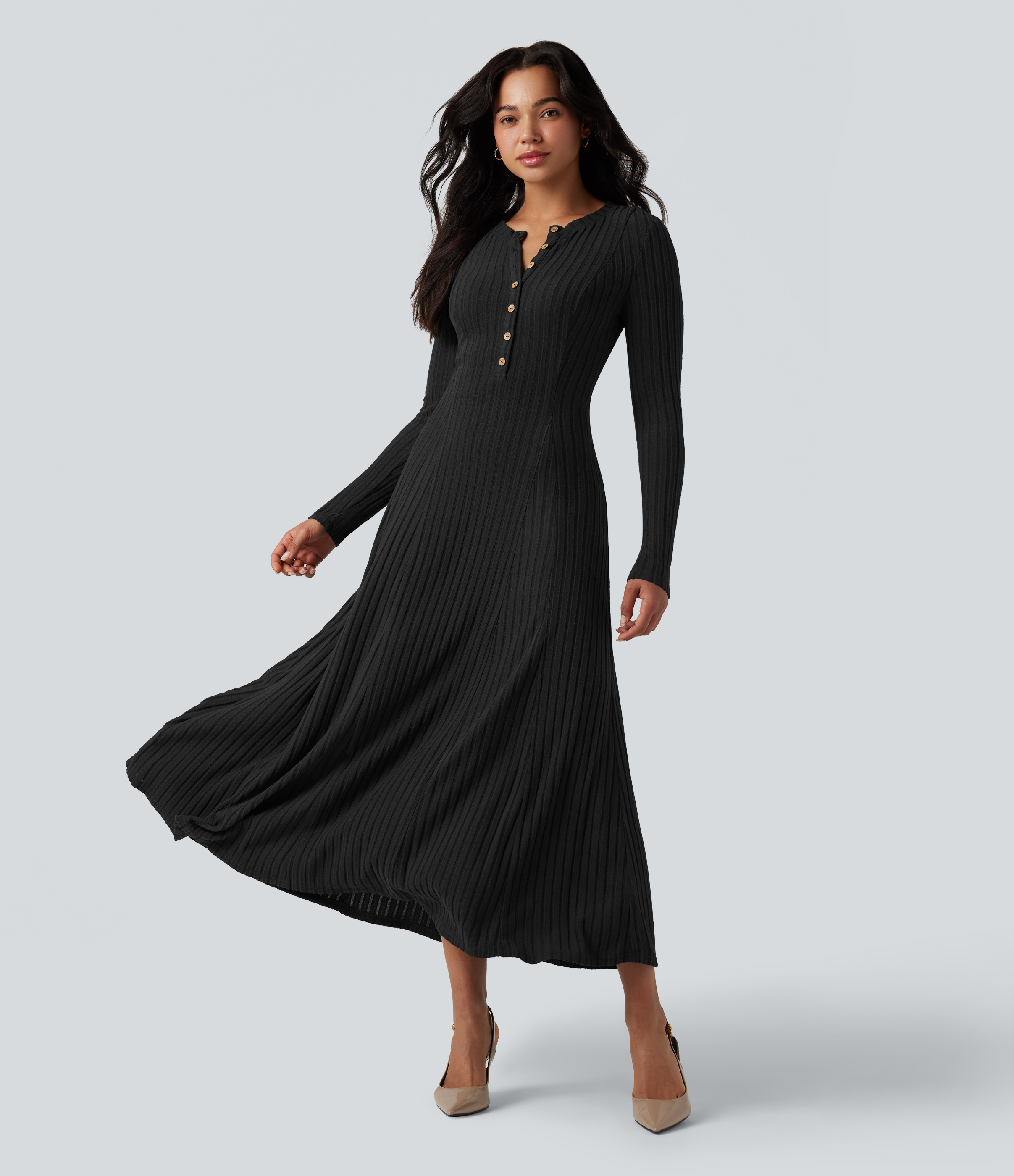 Ribbed Knit Henley Neck Long Sleeve Flowy Maxi Casual Dress Casual Dress - Black