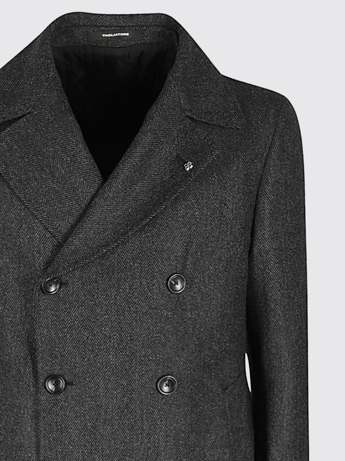 Herringbone-pattern double-breasted coat - Black