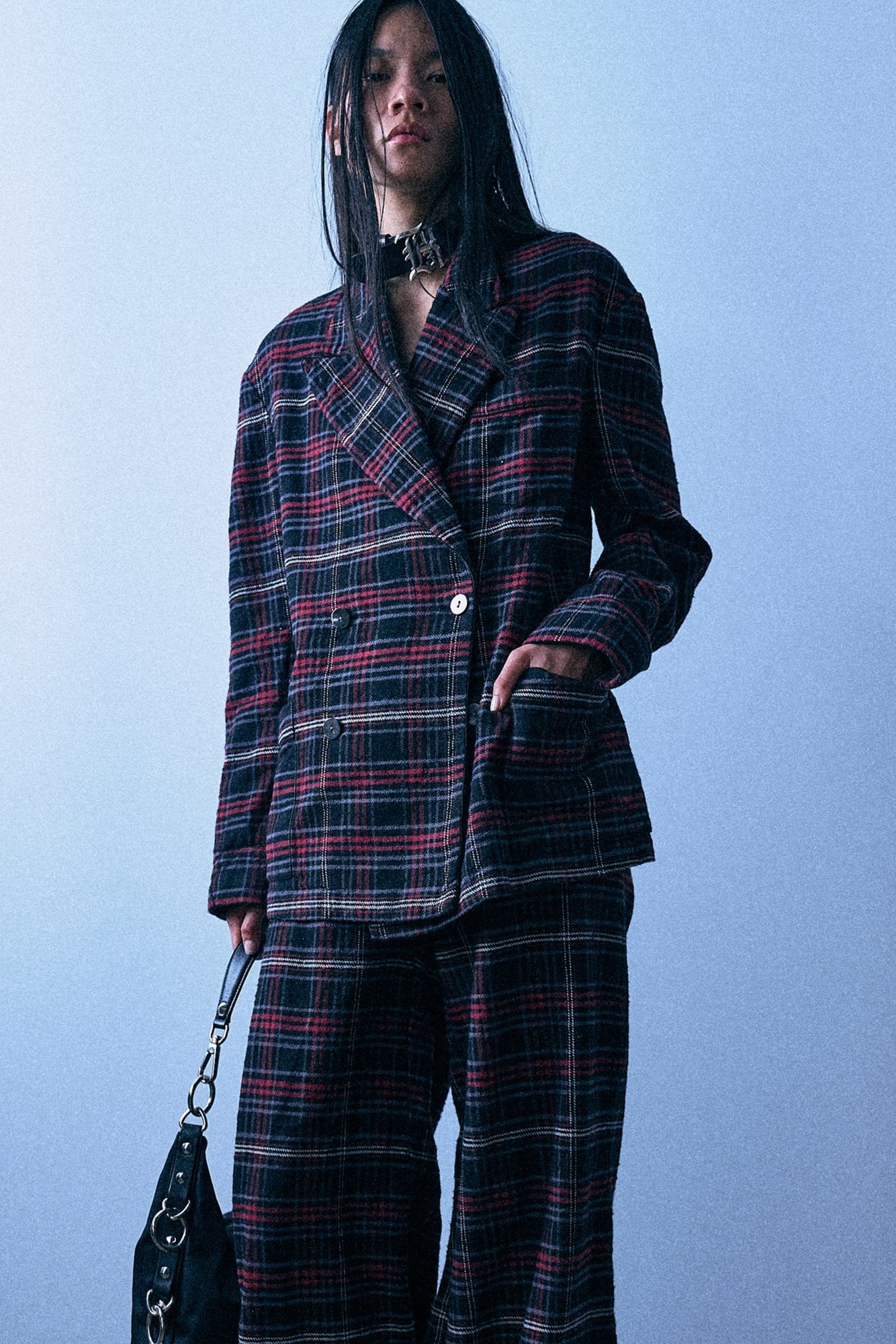 R13 Double Breasted Peak Lapel Ragged Blazer With Piping - Black Red Plaid