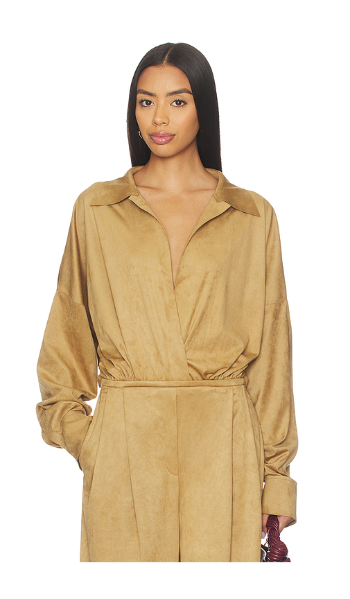 Norma Kamali Super Oversized Boyfriend Shirt Bodysuit in Camel. S also in