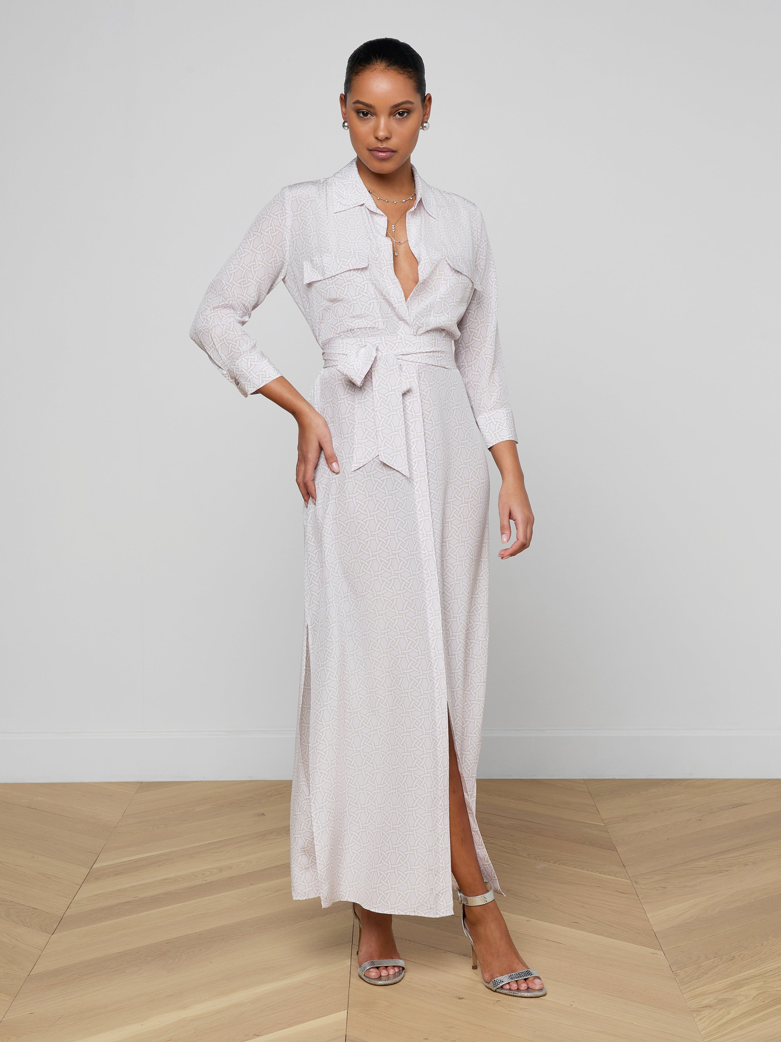 Cameron Silk Shirt Dress In Icy Lilac Linked Geo