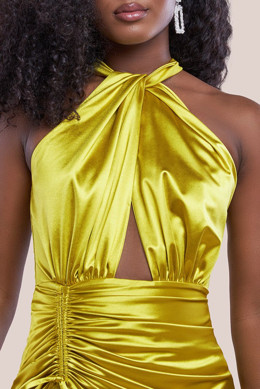 Halter Neck Front Split Satin Maxi Dress