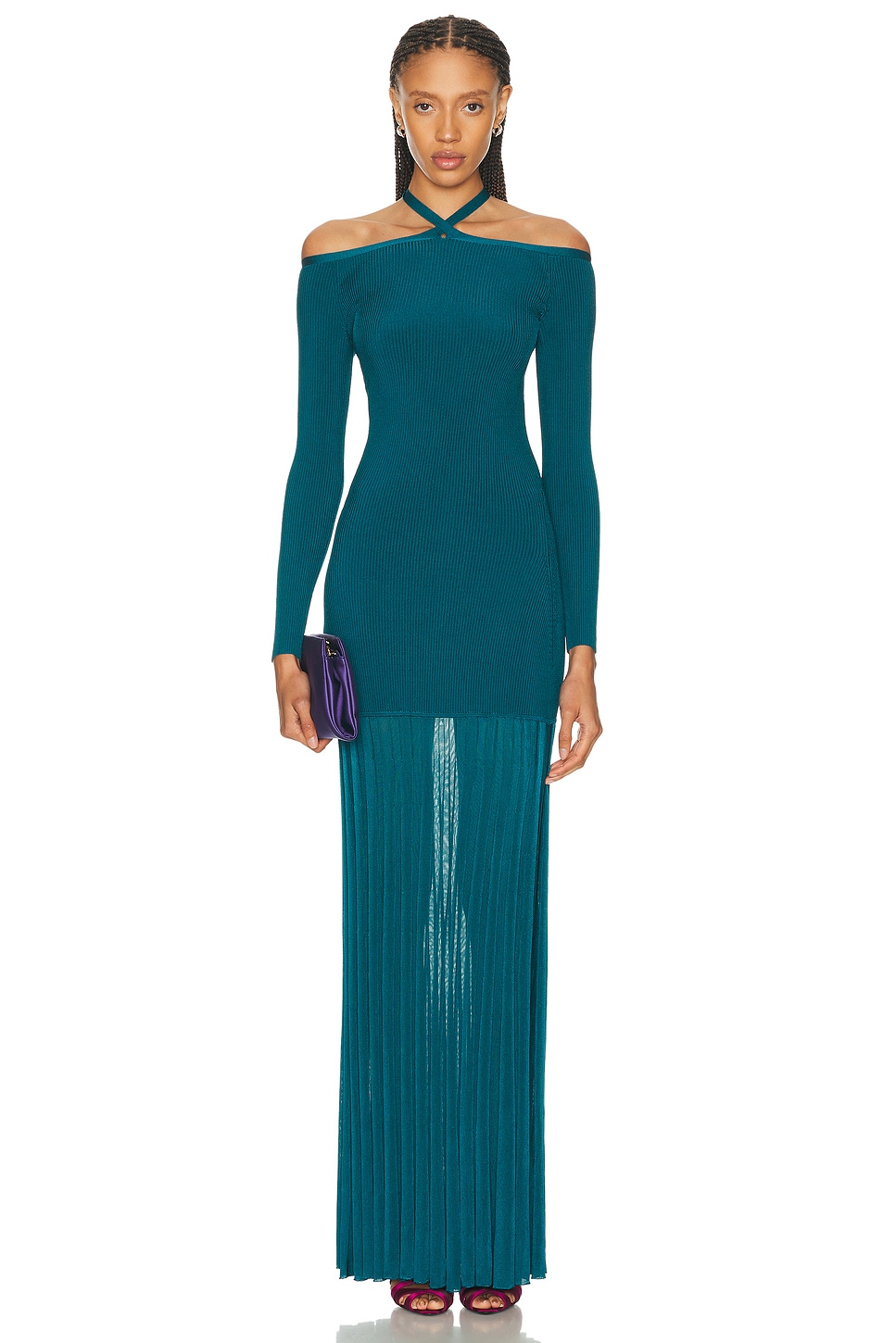Christopher John Rogers Off-The-Shoulder Long Sleeve Knit Gown in Tourmaline - Teal. M also in L