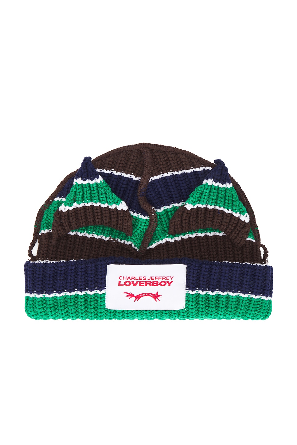 Charles Jeffrey LOVERBOY Chunky Ears Beanie in Green Navy & Brown Stripe - Black,Green. a
