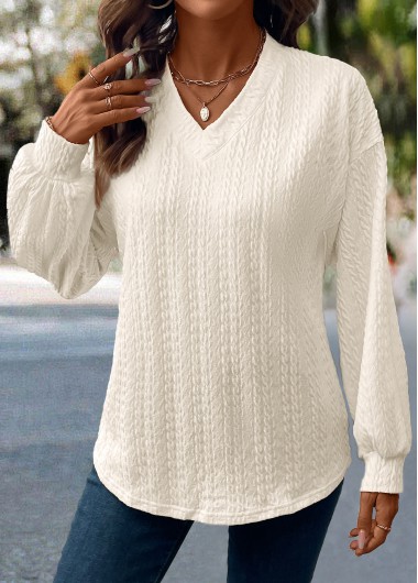 Modlily Beige Jacquard Long Sleeve V Neck T Shirt