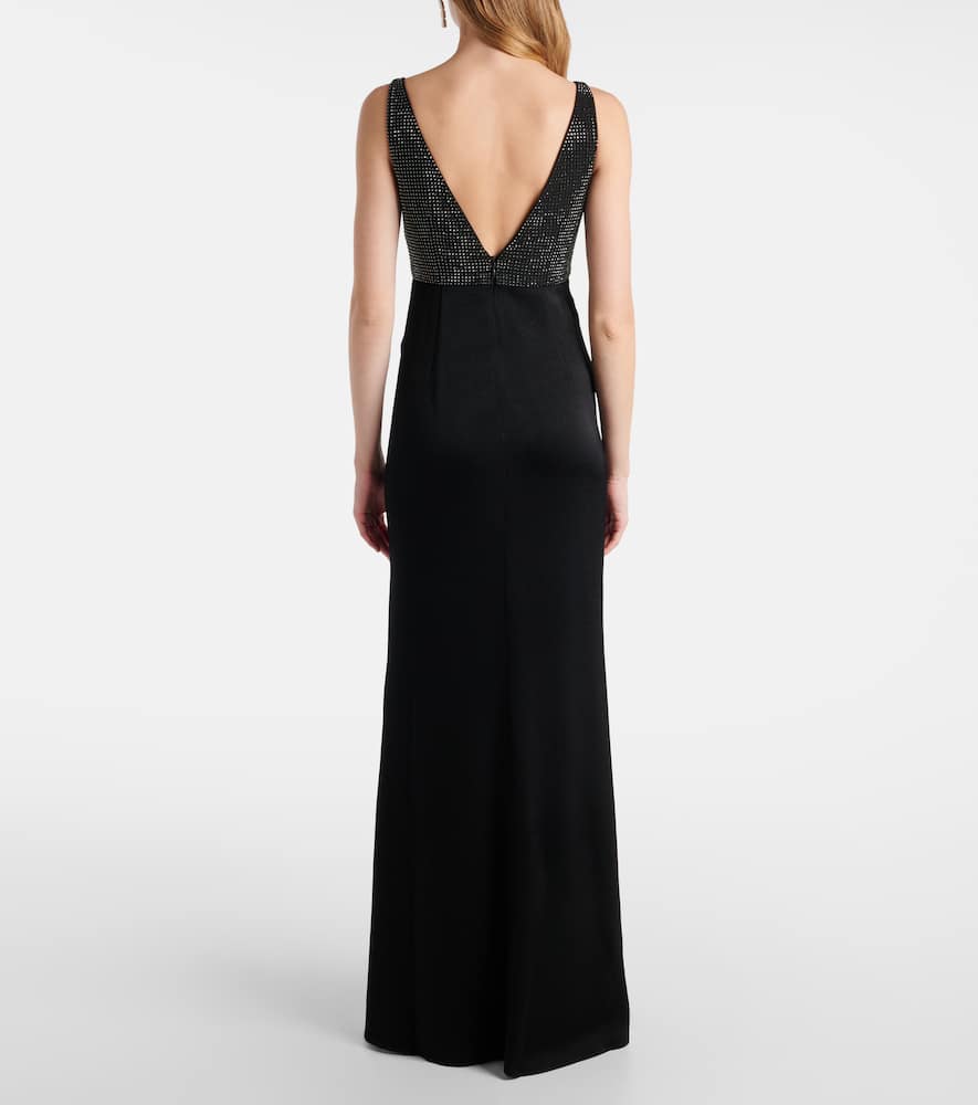 Floral-appliqué embellished satin crêpe gown