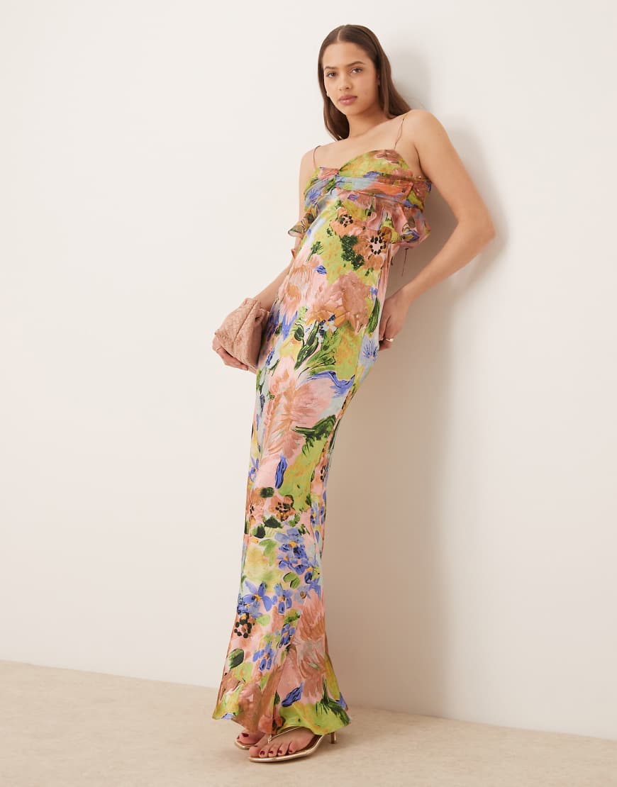 Chiffon bust satin cami maxi dress in floral print-Multi