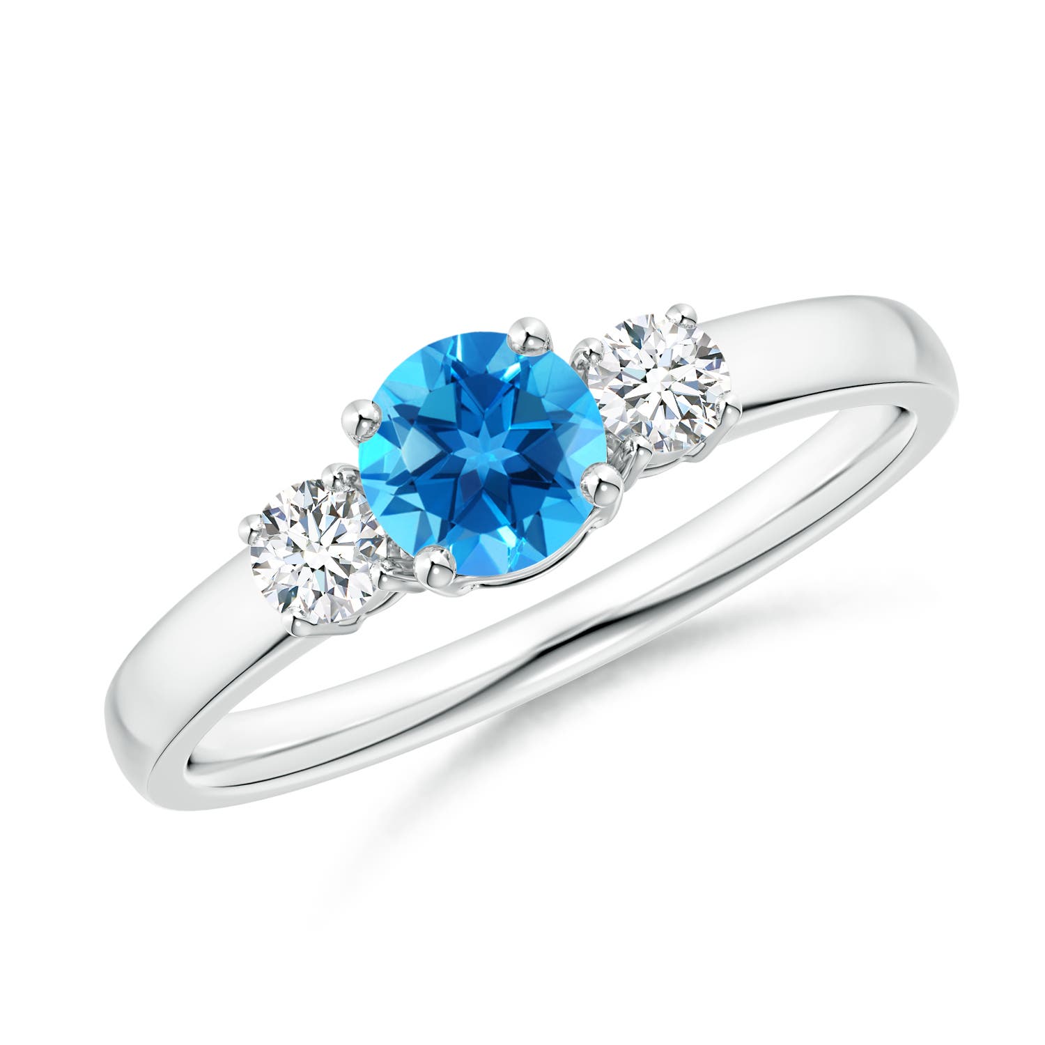 Angara 0.6 Carat Classic Round Swiss Blue Topaz and Diamond Three Stone Engagement Ring in Silver