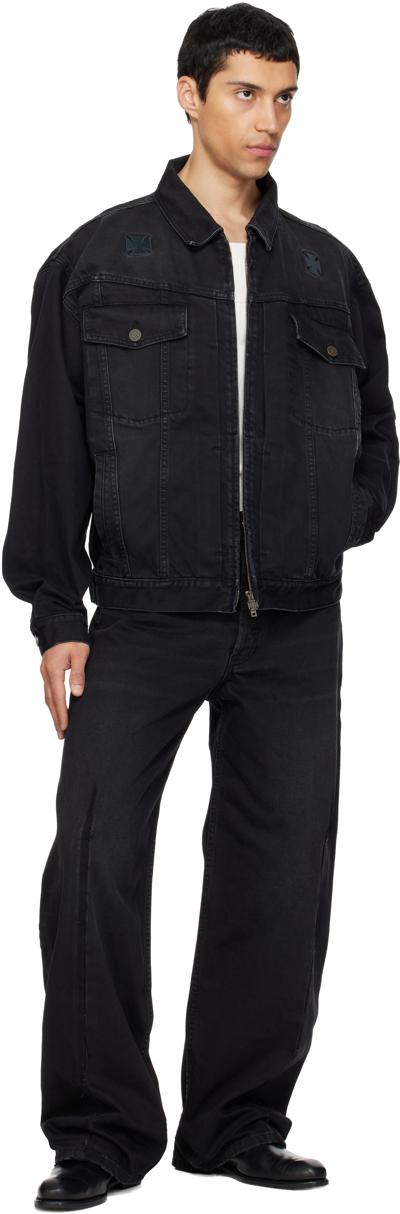 Black Appliqué Biker Crosses Zip Denim Jacket
