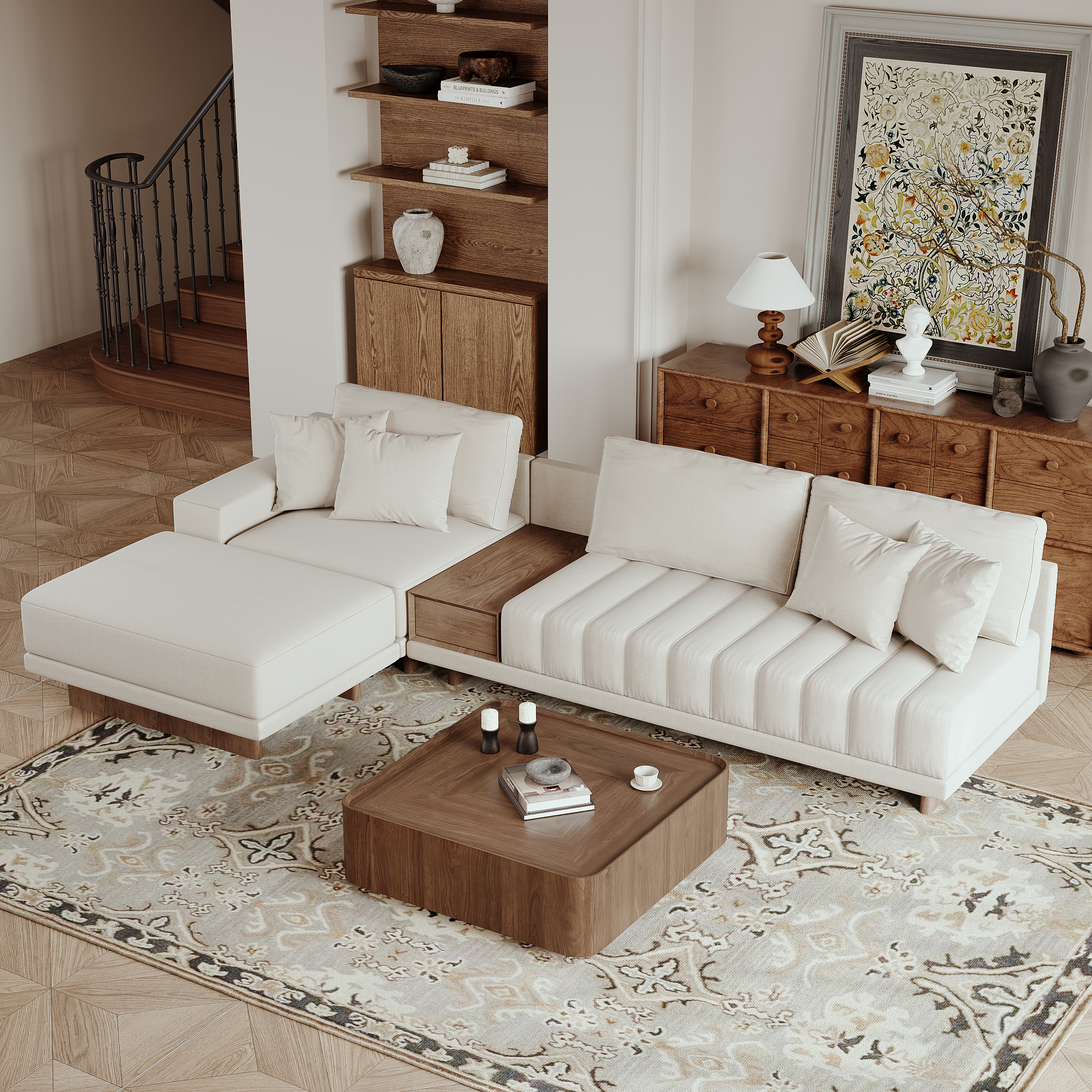 Modular Fabric Sectional Sofa Set with Walnut Coffee Table