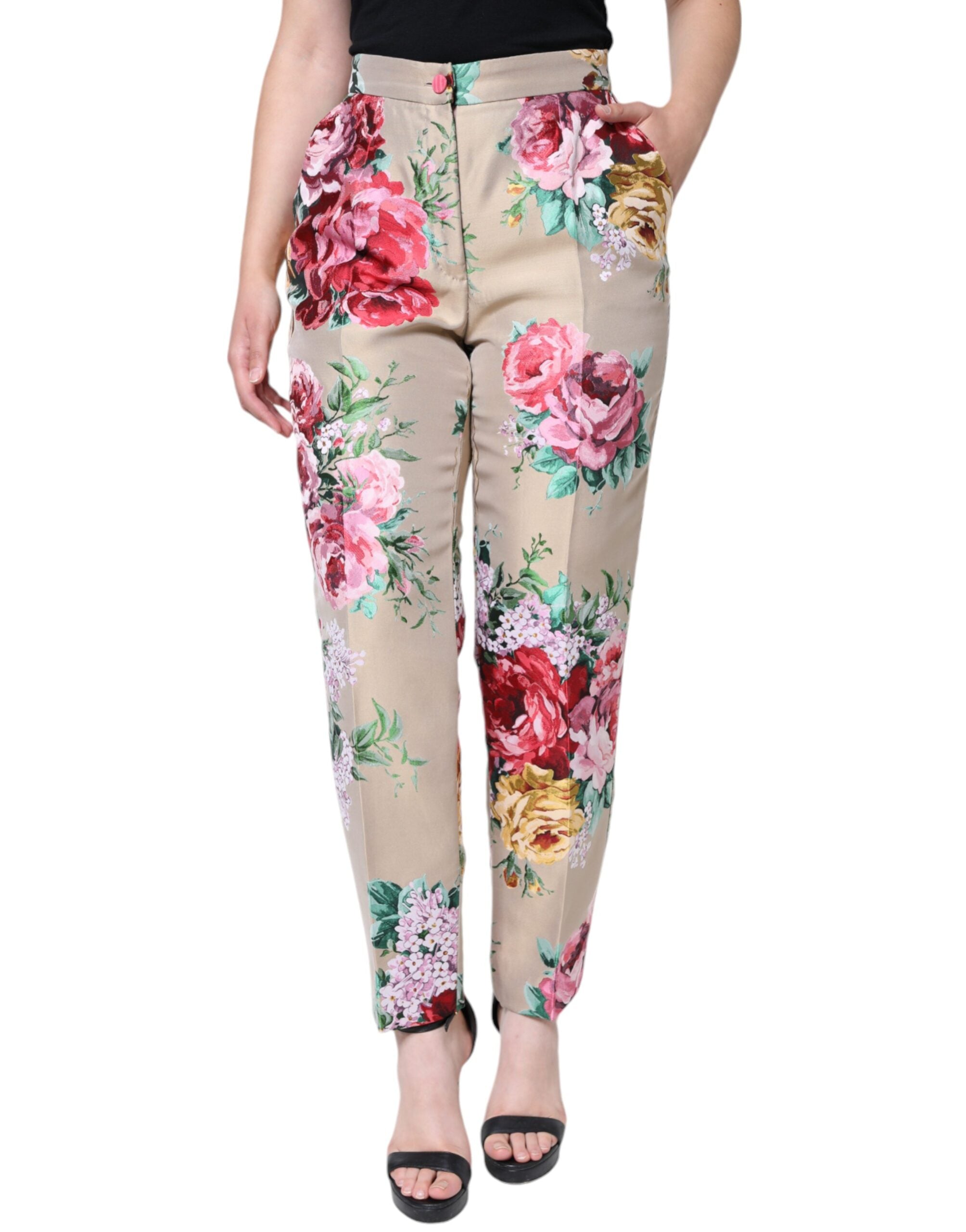 Floral Jacquard High-Waist Tapered Trousers — Beige