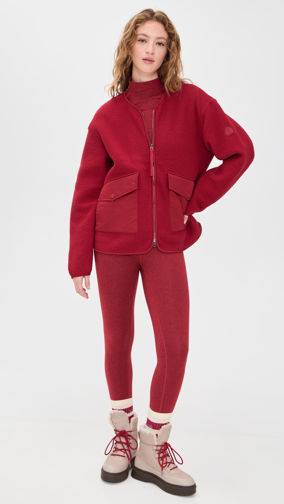 Marina Collarless Fleece Jacket Red Dahlia