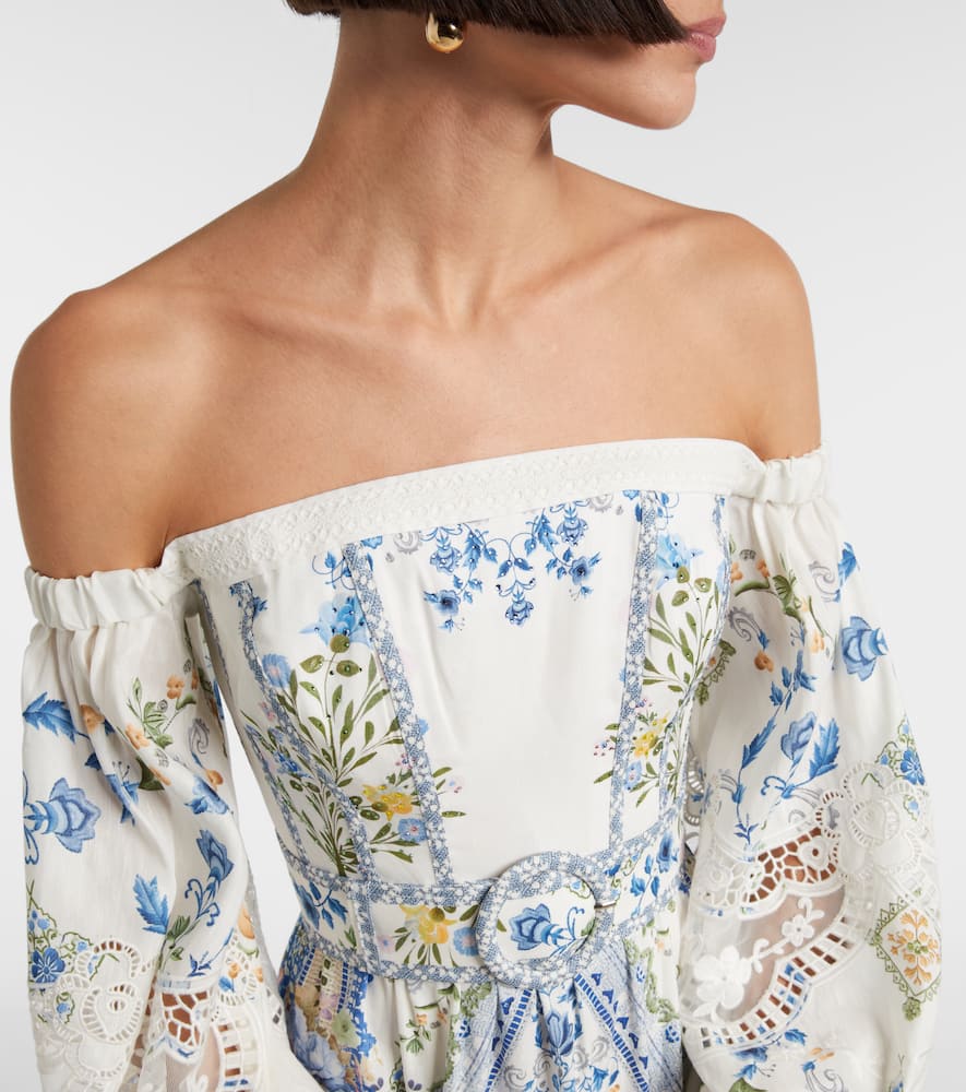 Floral off-shoulder linen and silk maxi dress