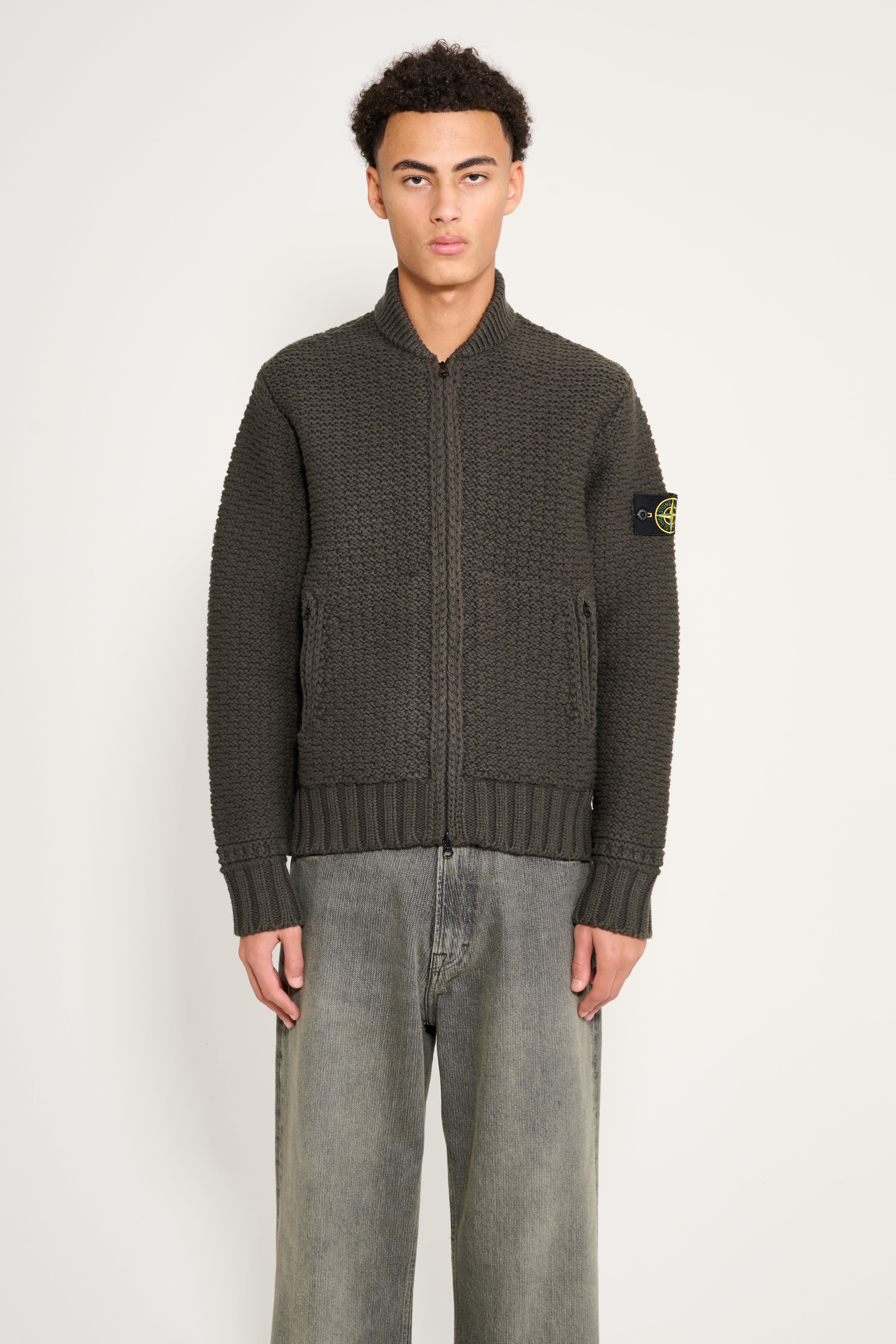 Stone Island Pure Wool Jumper With Zip Pockets Military Green