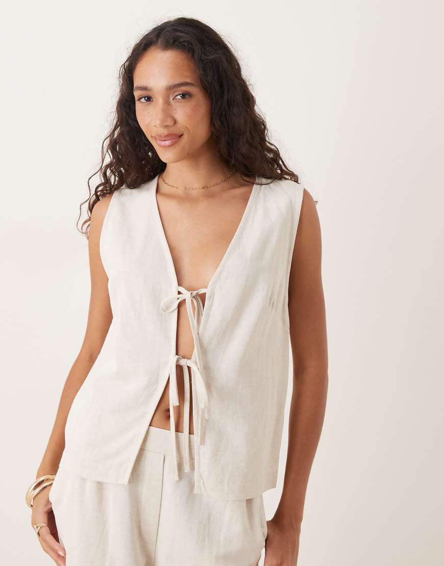 Tie front waistcoat with linen co-ord in natural-Neutral