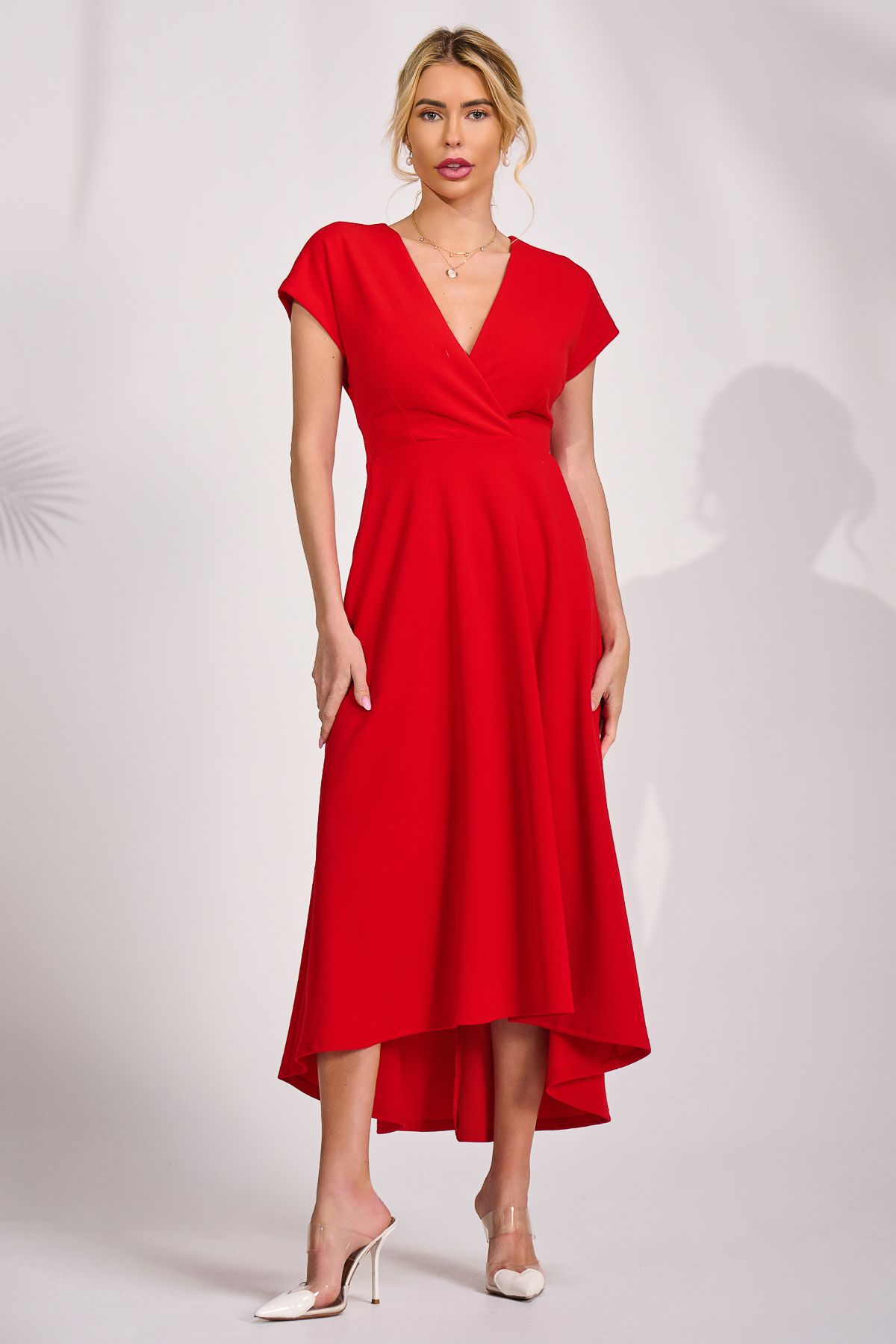 Jolie Moi Women's Scuba Dipped Hem Maxi Dress in Red