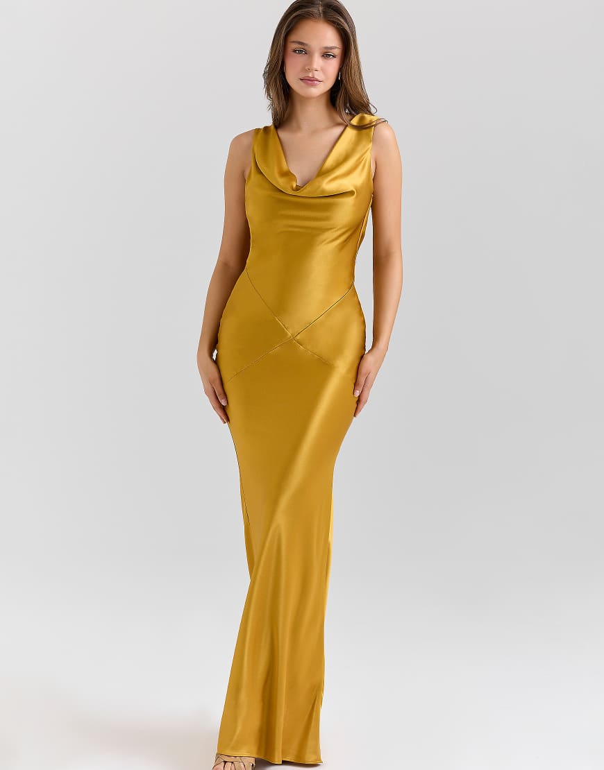 Safaira amber satin draped cowl neck maxi dress in amber-Yellow