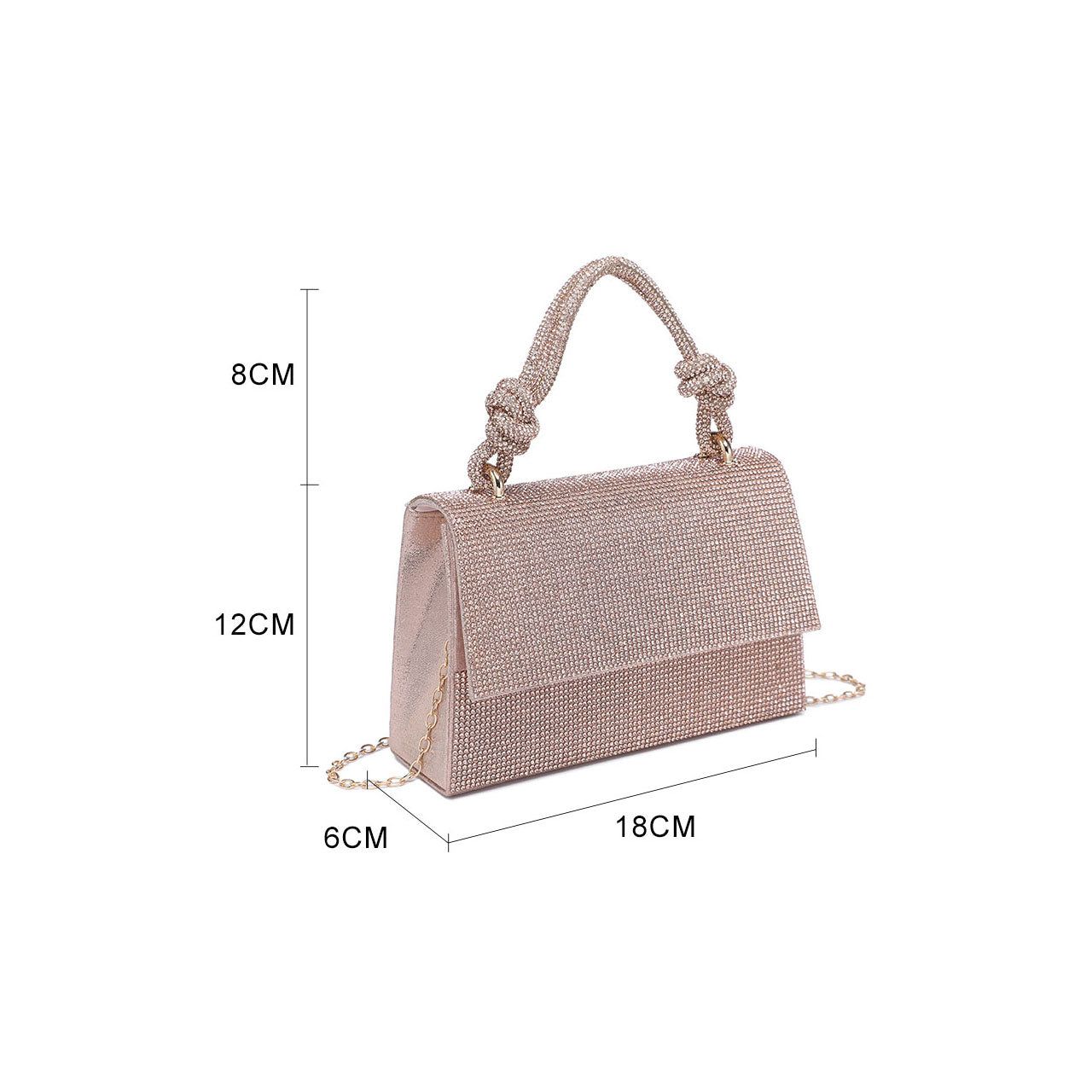 JFY Women's Flap Rhinestone Embedded Knots Top Handle Diamante Clutch Bag in Metallic Gold