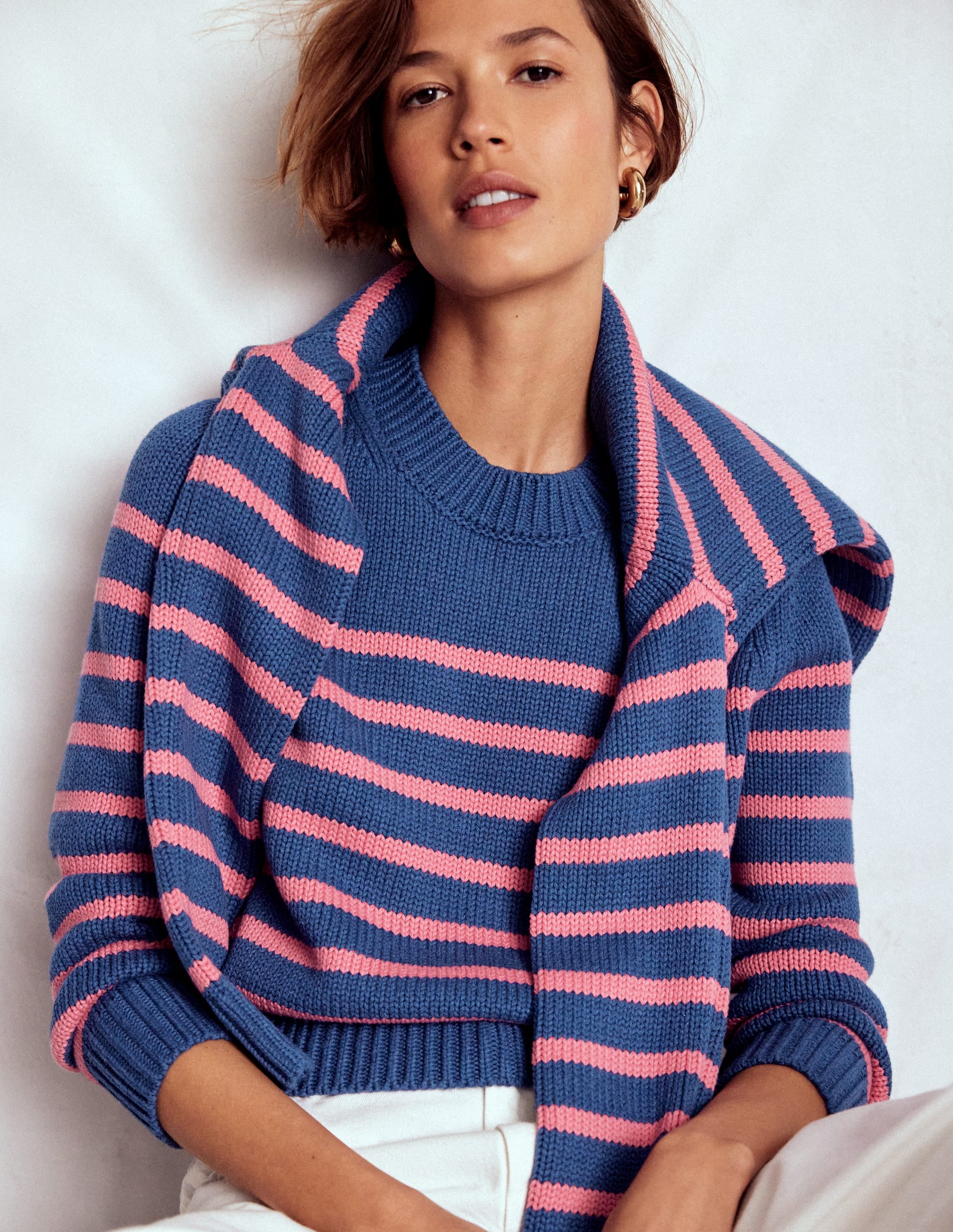 Lucy Chunky Cotton Sweater Blue, Pink Stripe