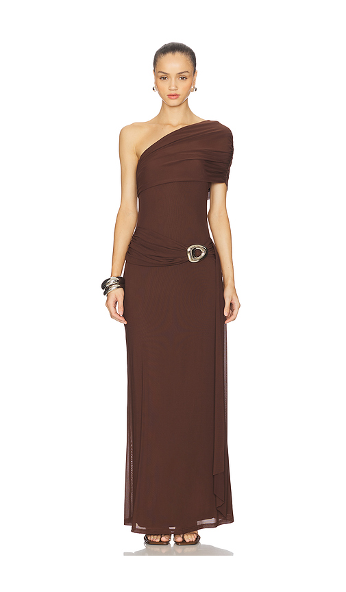 Runaway The Label Kassi Draped One Shoulder Midi Dress in Chocolate. - XL also in L, M
