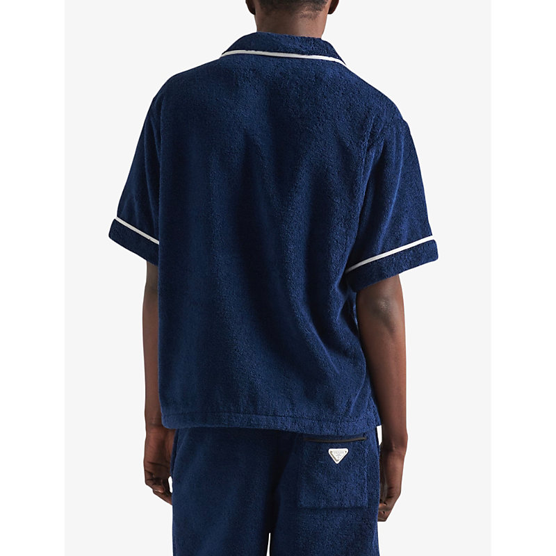 Mens Blue Brand-plaque Cotton Bowling Shirt 