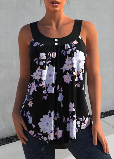 Modlily Floral Print Black Decorative Button Tank Top