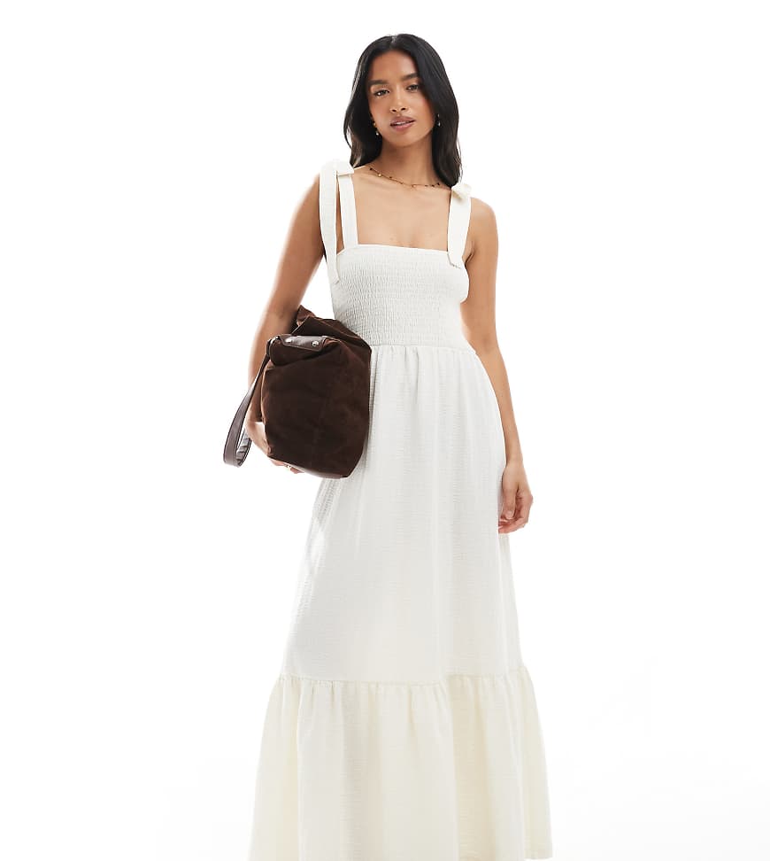 Miss Selfridge Petite seersucker tie shoulder tiered maxi dress in vanilla-Multi