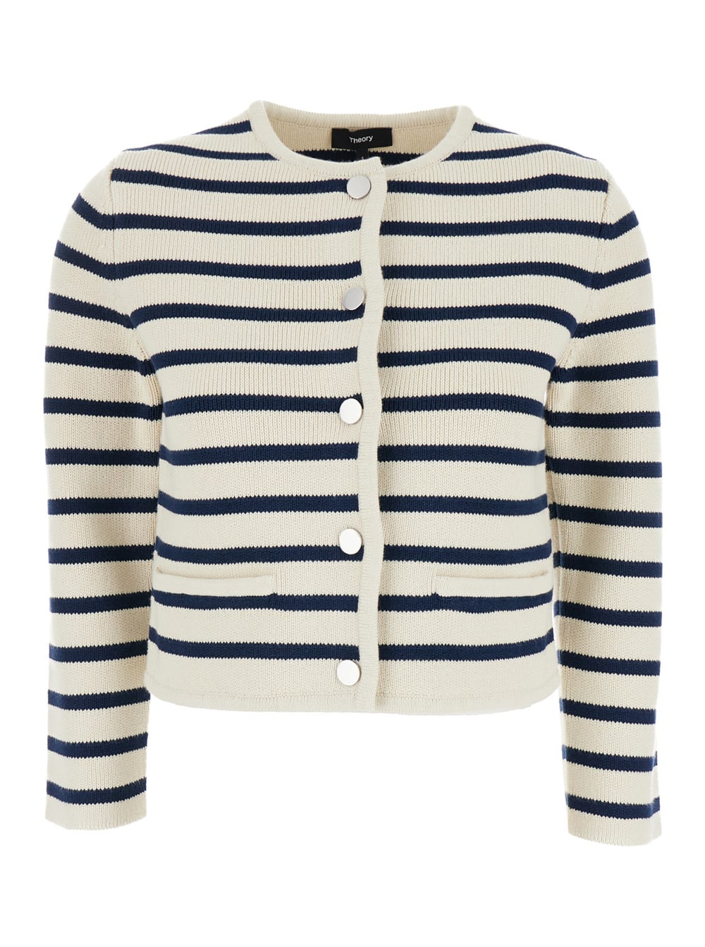 White Crewneck Sriped Cardigan In Cotton Woman