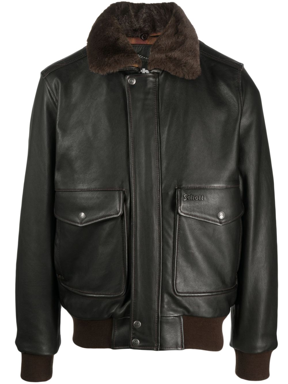 Spread-collar leather jacket - Brown