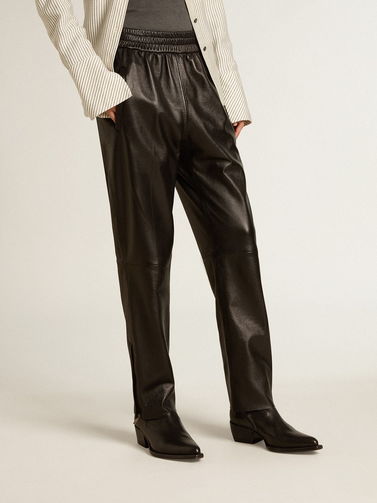 Golden Goose - Black Joggers In Nappa Leather With Zip At The Base, Woman