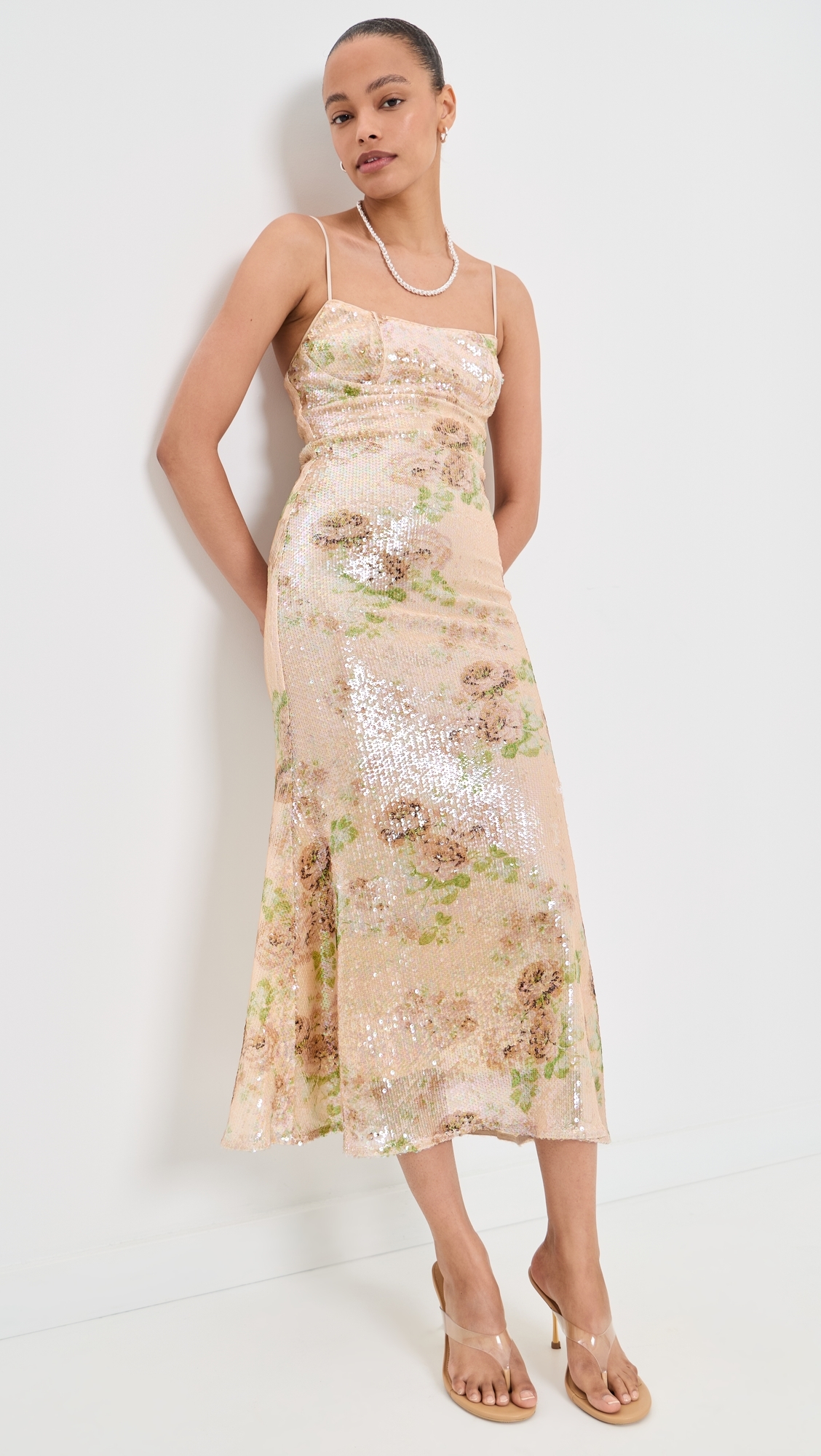 Adoni Sequin Mesh Midi Dress Beige Fl