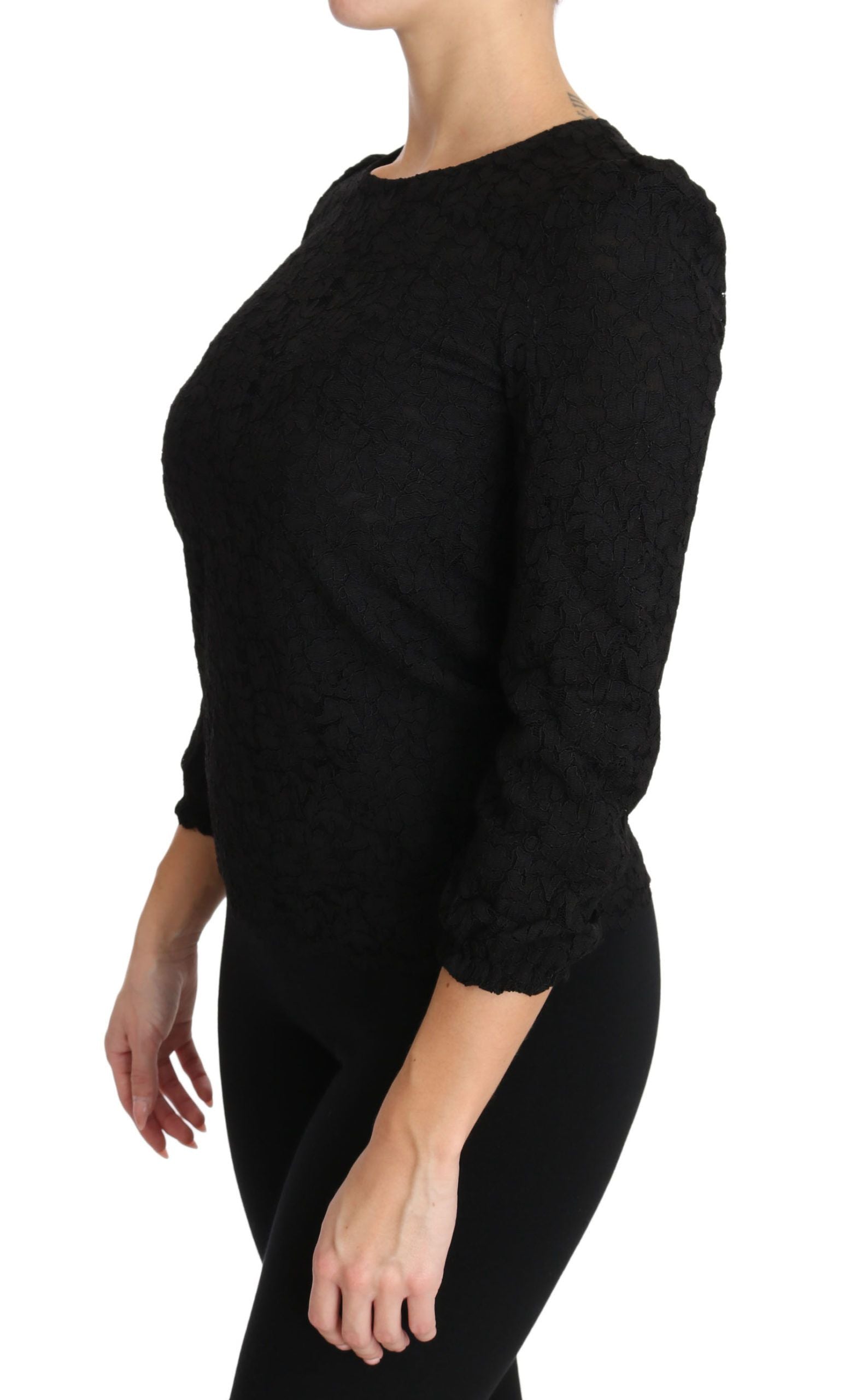 Floral Lace 3/4 Sleeve Blouse — Black