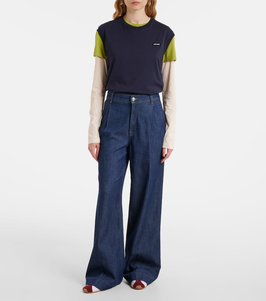 Pleated high-rise wide-leg jeans