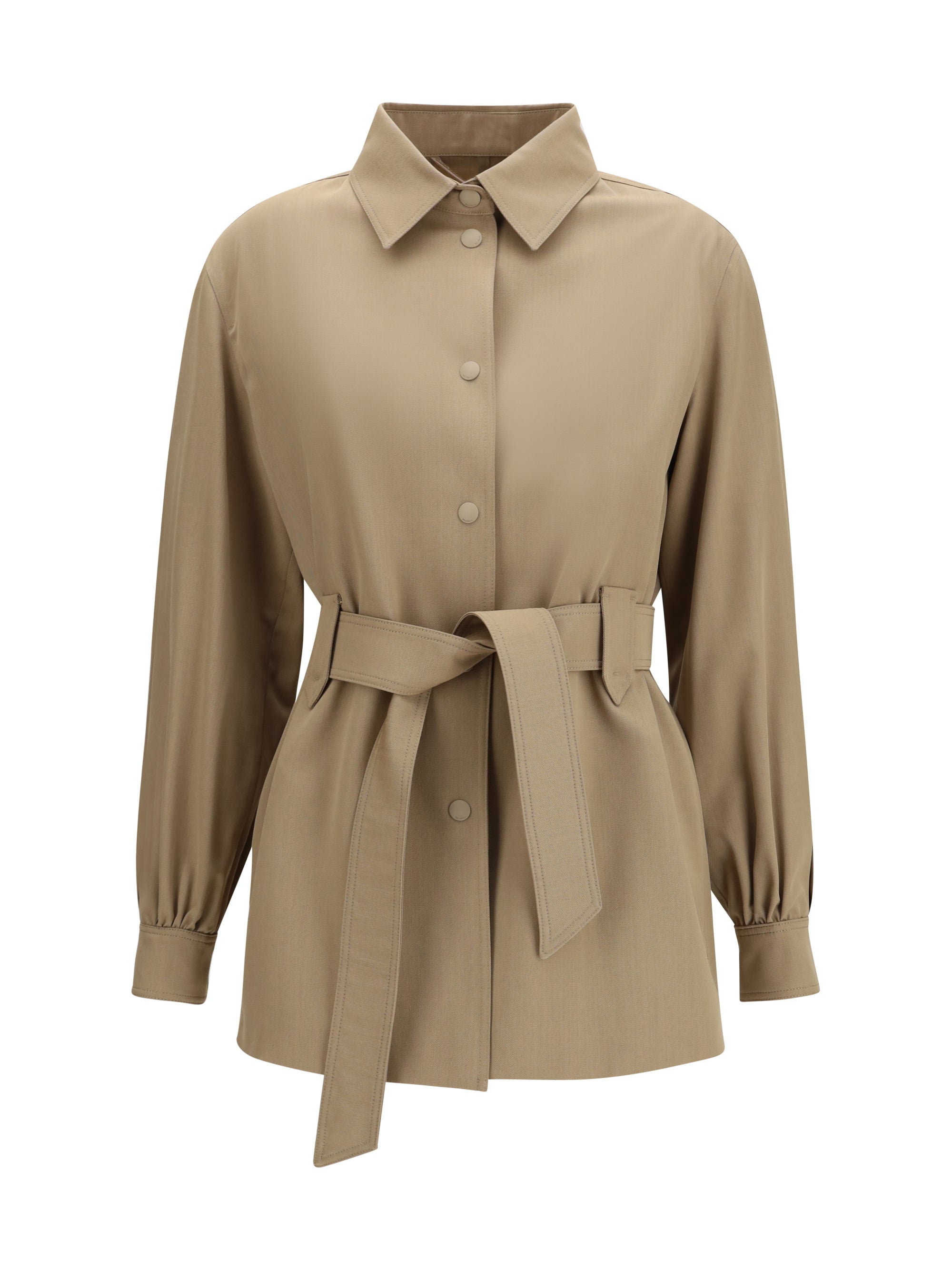 Virgin Wool Belted Shirt Jacket — Beige