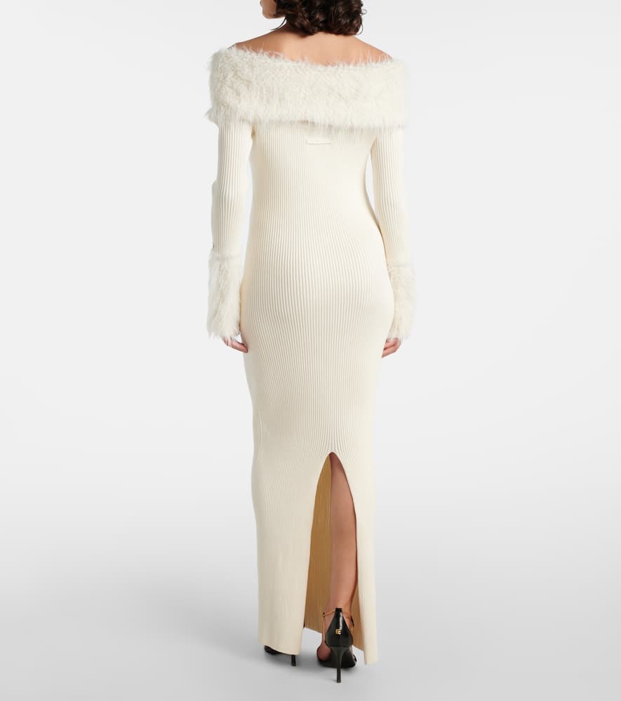 Ribbed-knit faux fur-trimmed maxi dress