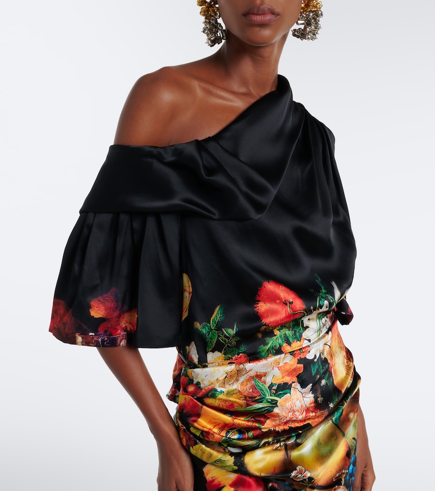 Draped printed silk satin gown