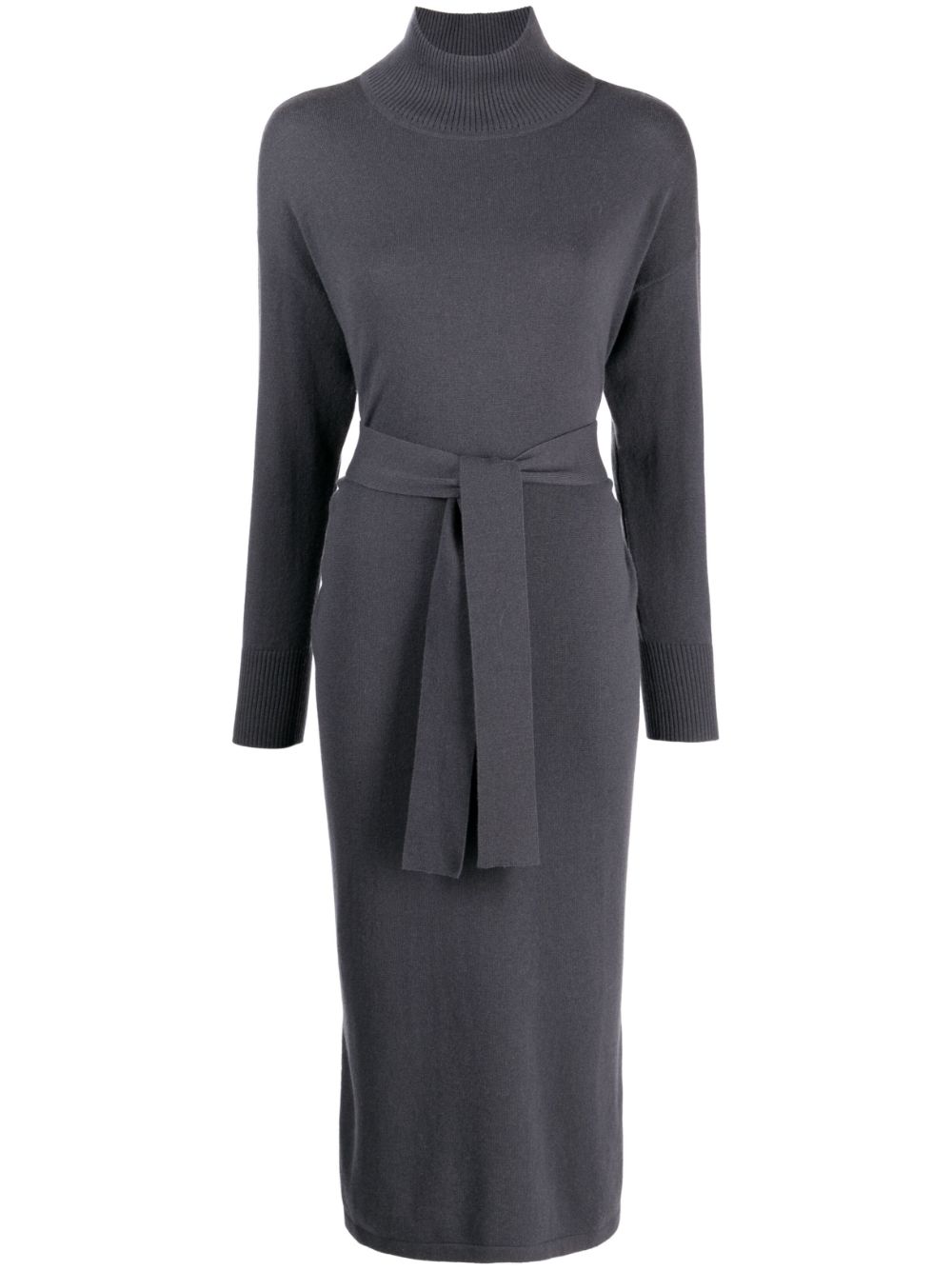 High-neck belted-waist dress - Grey
